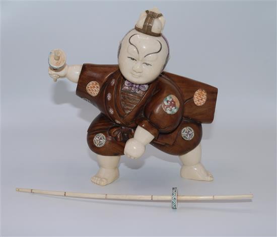 Chinese ivory and inlaid hardwood figure of a Samurai (one weapon damaged)